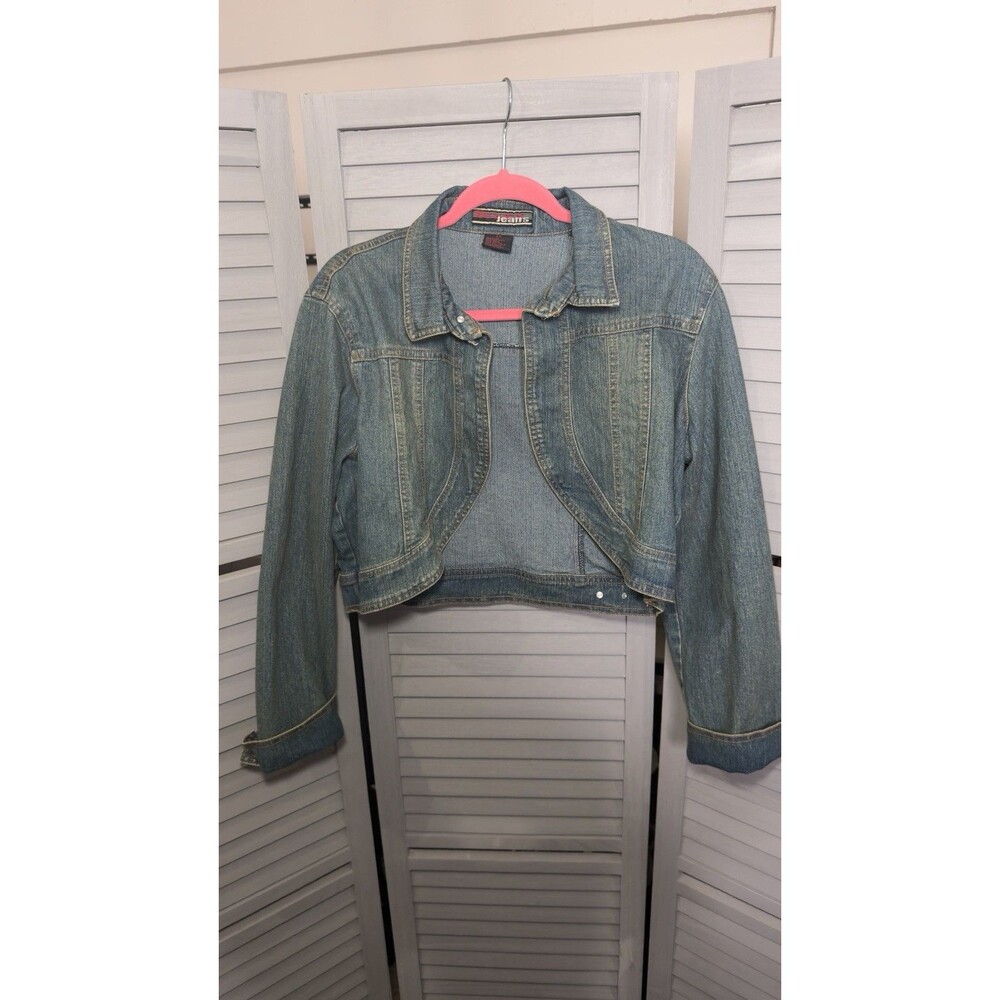 Drama Jeans  Cropped  Denim Jacket with Rhinstone Cross Design On Back 2x